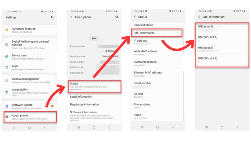 Go to Settings _ About Phone _ Status to find the IMEI number