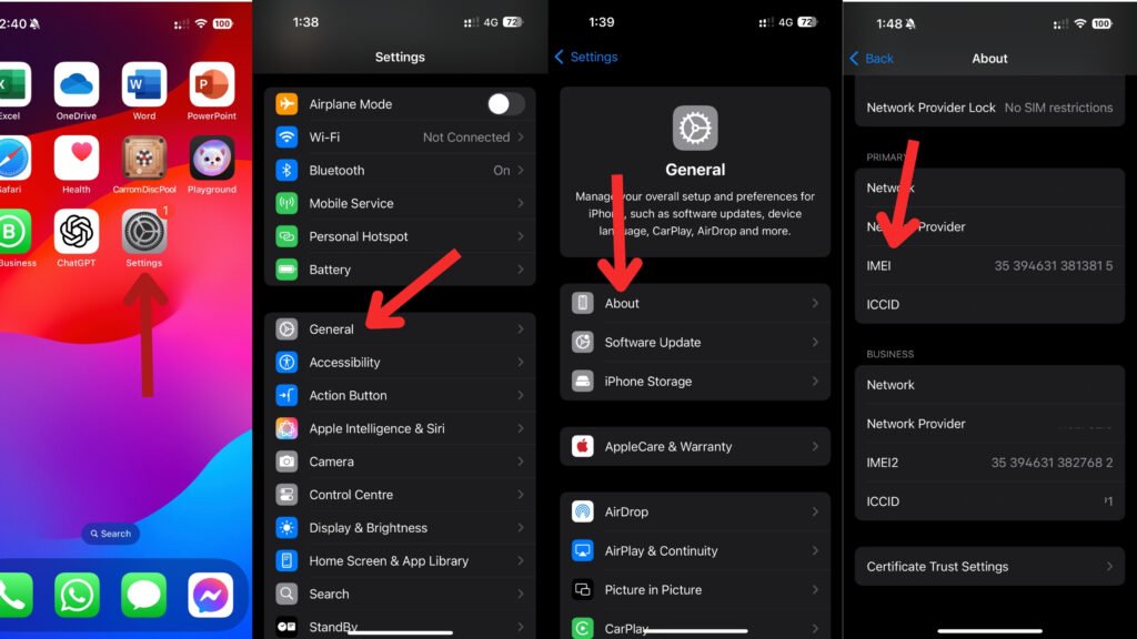 Go to Settings _ General _ About, then scroll down to see the IMEI