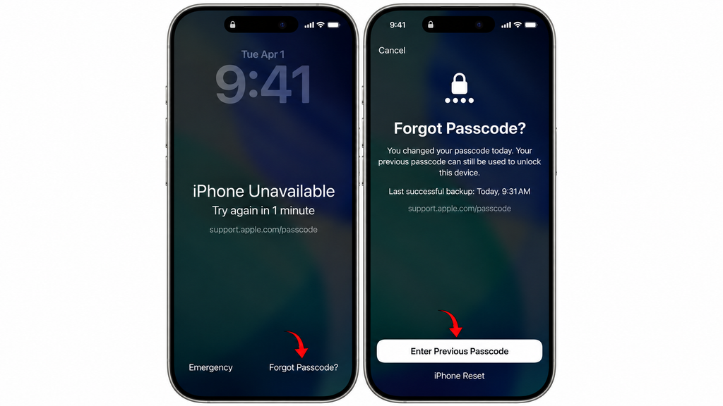 Enter Previous Passcode option on an iPhone