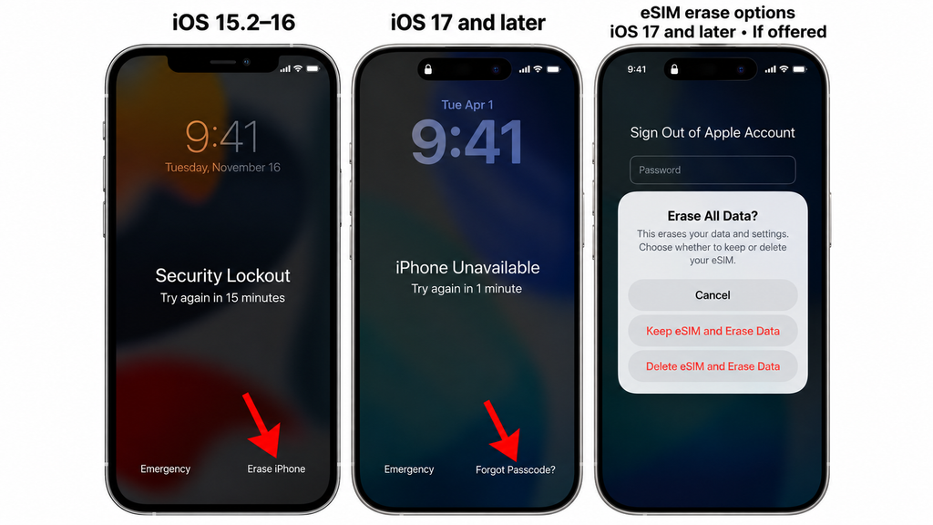 Forgot Passcode and Erase iPhone buttons on supported iOS versions.