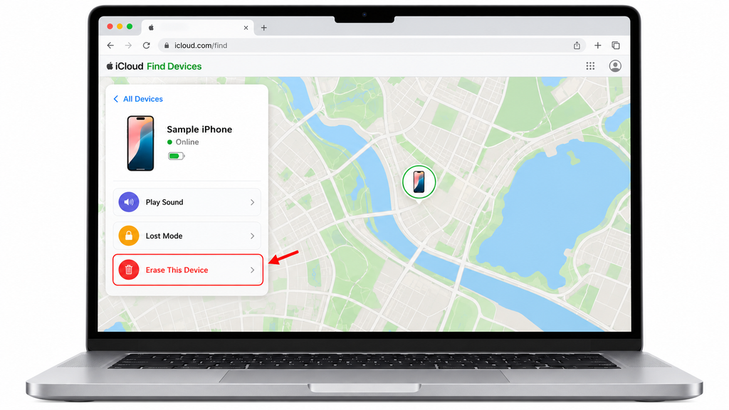 Remote erase option for an iPhone in Find Devices.