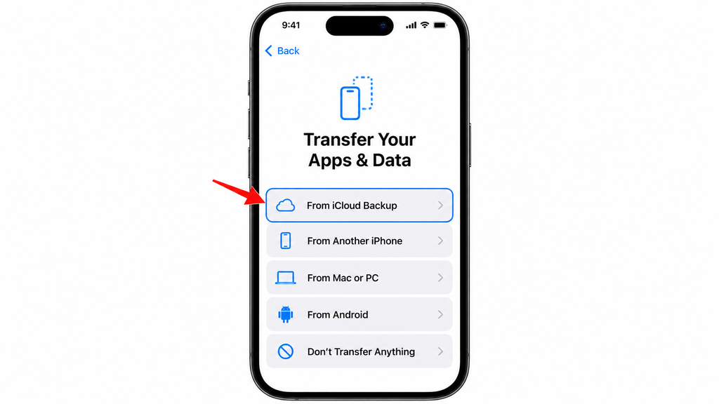 Restore an iPhone from iCloud Backup during setup.