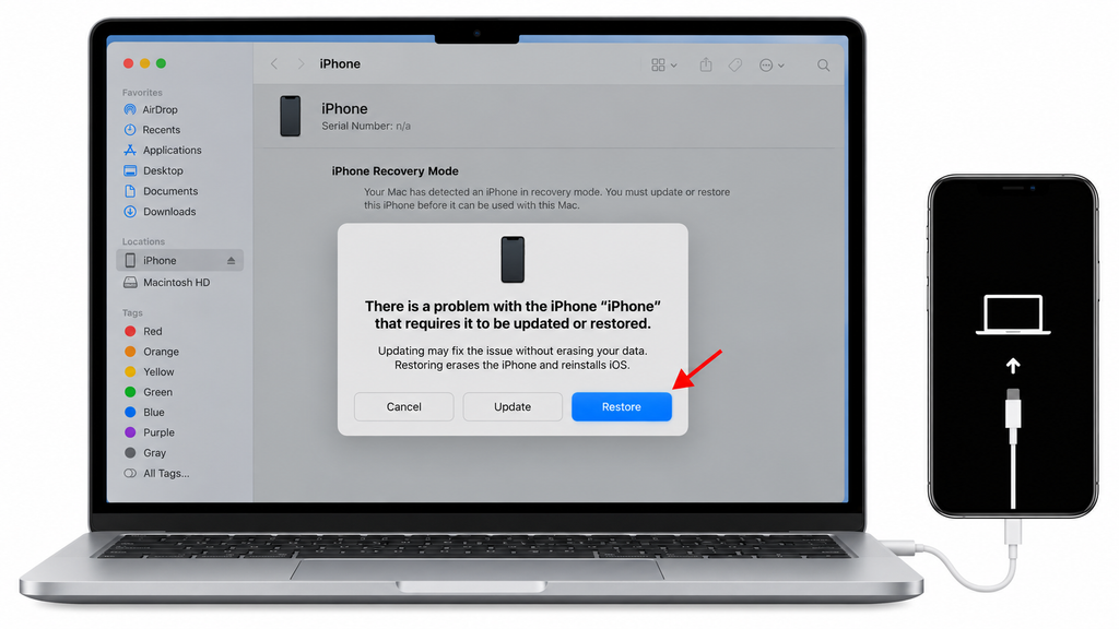 Restore option for an iPhone in Finder recovery mode.