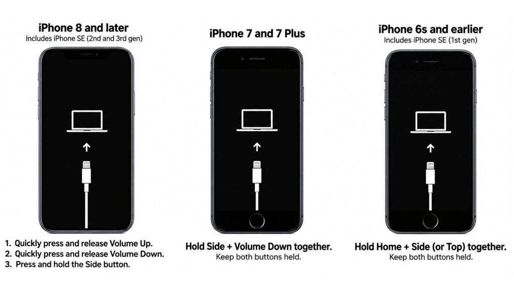 iPhone recovery mode button guide and connection screen.