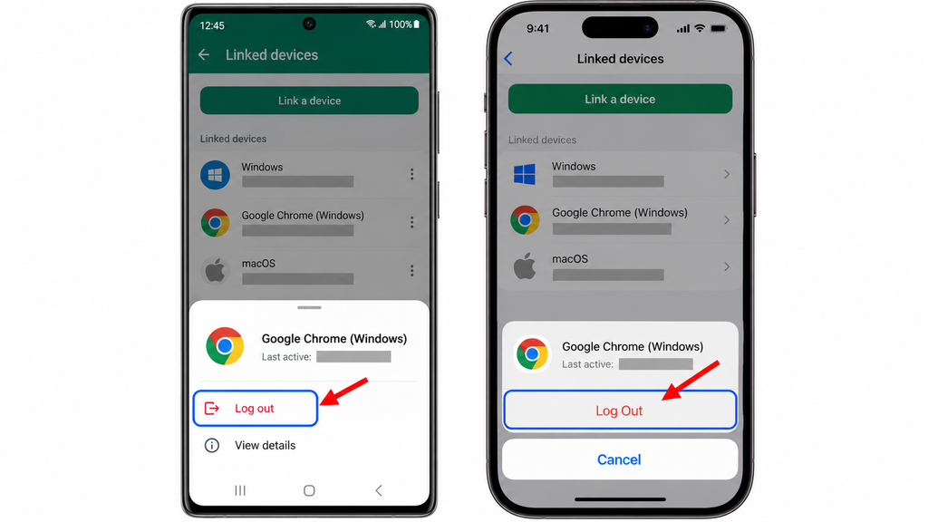 Logging out of an unrecognized WhatsApp linked-device session.