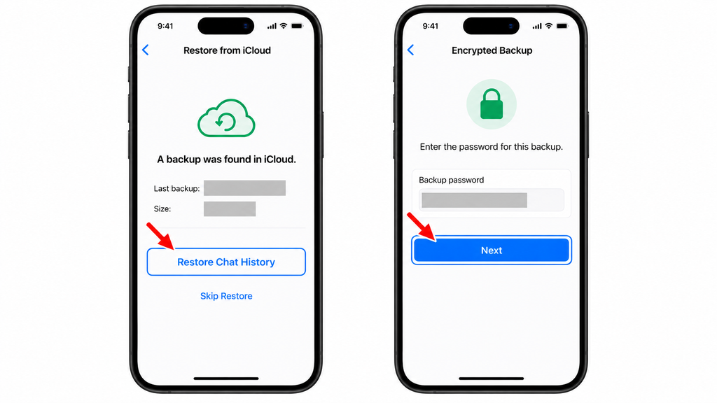 Restoring WhatsApp chat history and unlocking an encrypted backup.