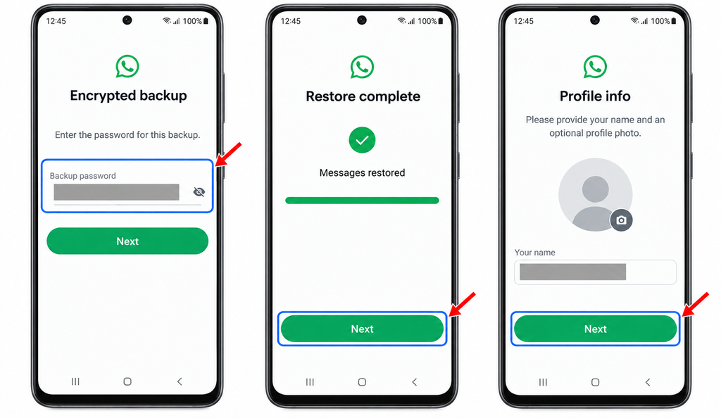 1. Unlocking an encrypted backup, completing restoration, and continuing WhatsApp setup.
