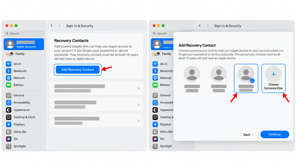 Adding a recovery contact on Mac by selecting a suggested person or choosing someone else.