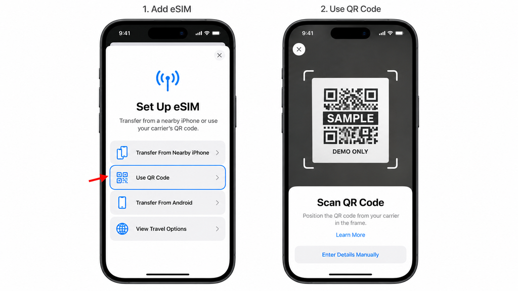 Adding an iPhone cellular plan with a carrier QR code.