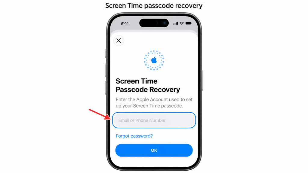 Apple Account verification for Screen Time passcode recovery.