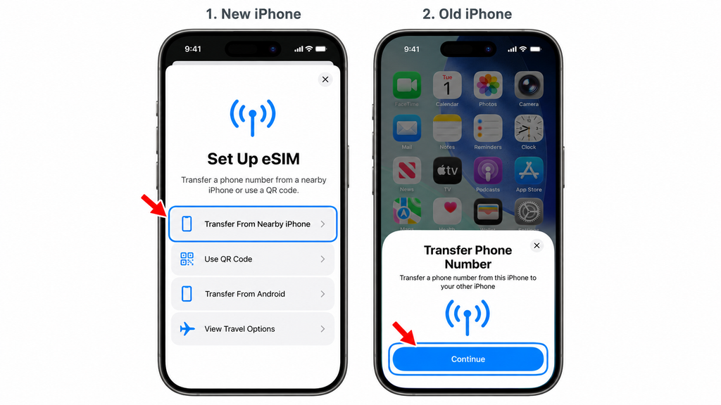 Approving an eSIM transfer between two iPhones.