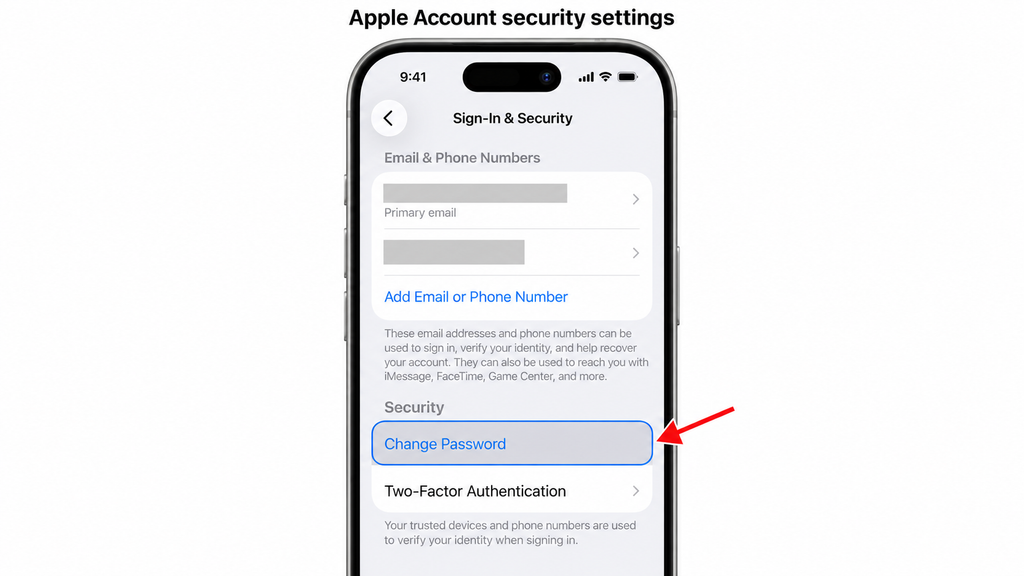  Change Password option in Apple Account security settings.