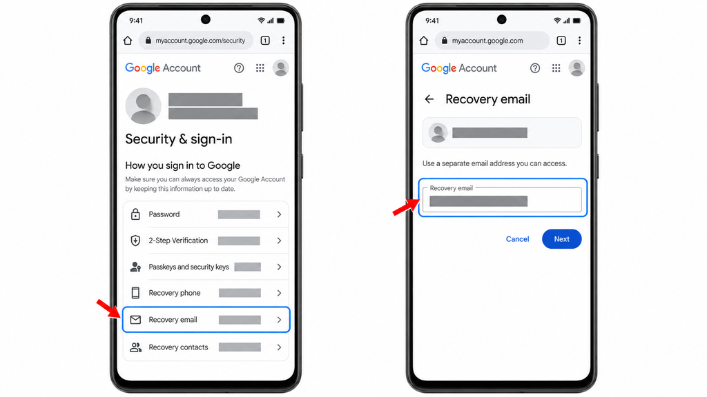 Checking Google Account Recovery email and choosing a separate email account you can access, with addresses hidden.