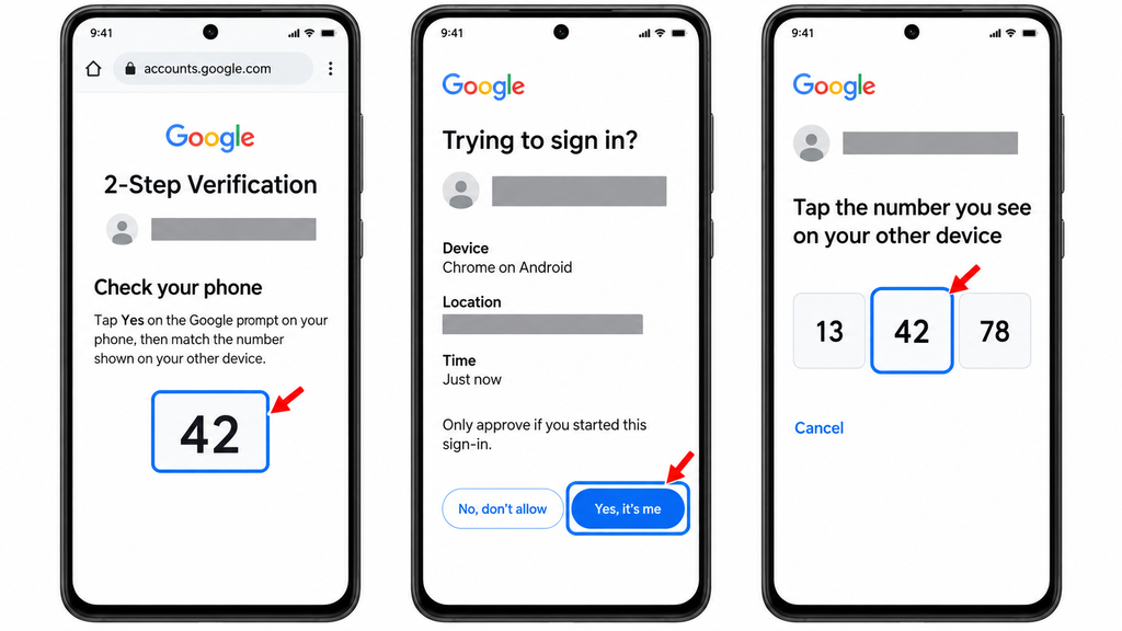 Checking Google sign-in details and matching a sample number to approve your own request.