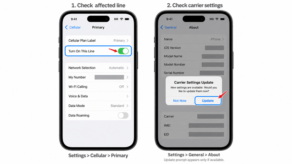 Checking cellular line settings and carrier updates when an iPhone shows SOS or No Service.