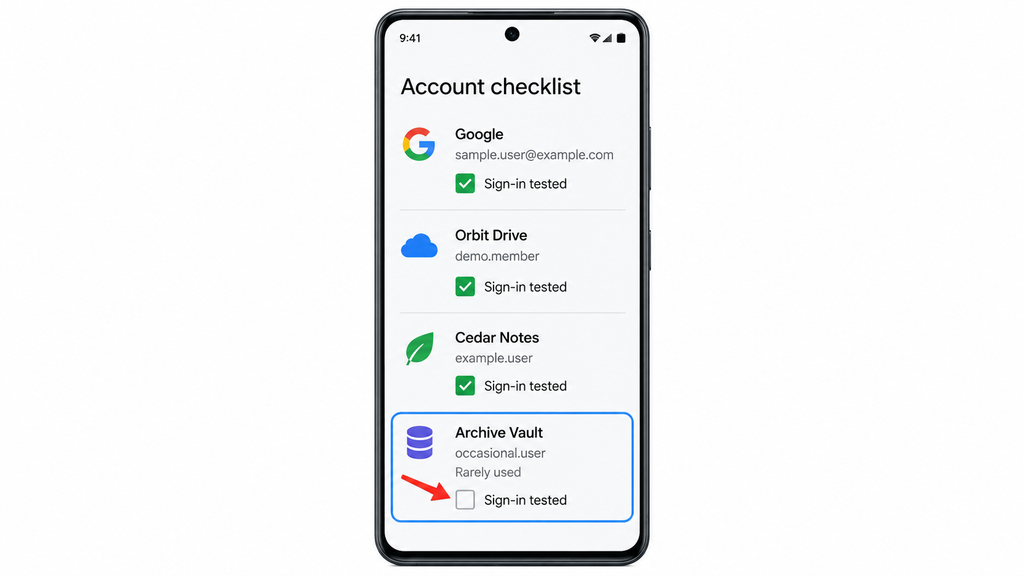 Checking every Authenticator account, including less-used entries that still need sign-in testing.