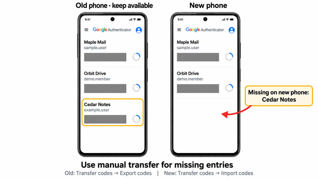 Checking for missing Authenticator entries and keeping the old phone for manual transfer.