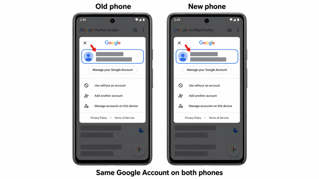 Checking the Google Account used to sync Authenticator.