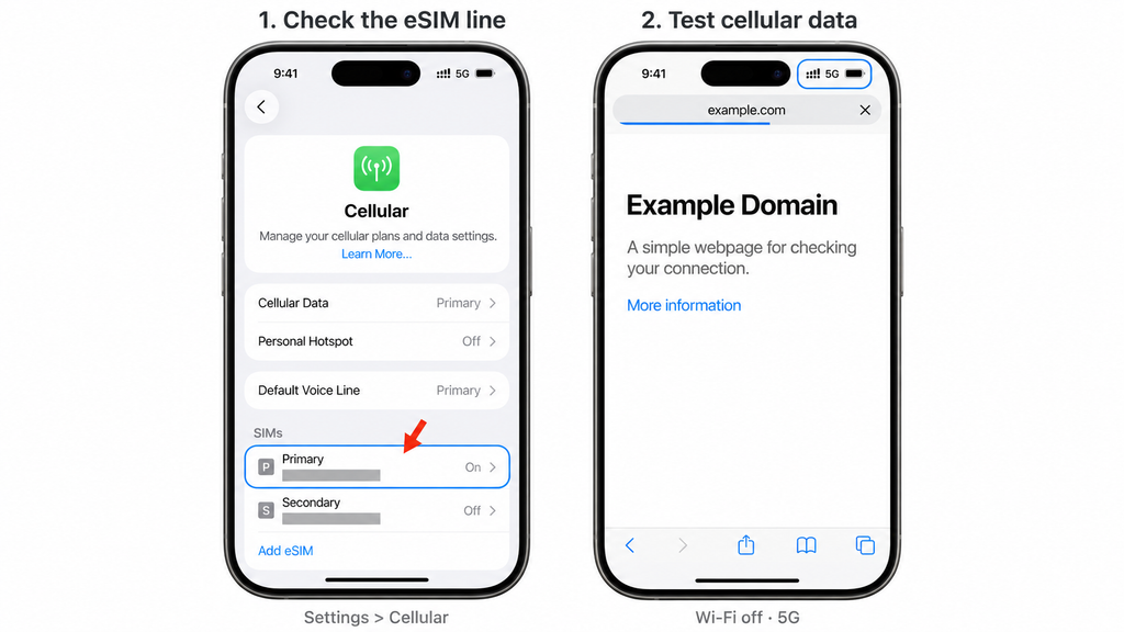 Checking the active eSIM line and testing cellular data after iPhone setup.