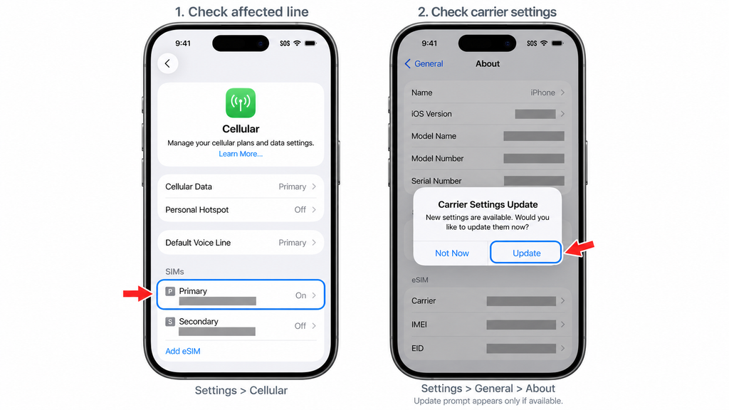 Checking the cellular line and carrier settings when an iPhone shows SOS or No Service.