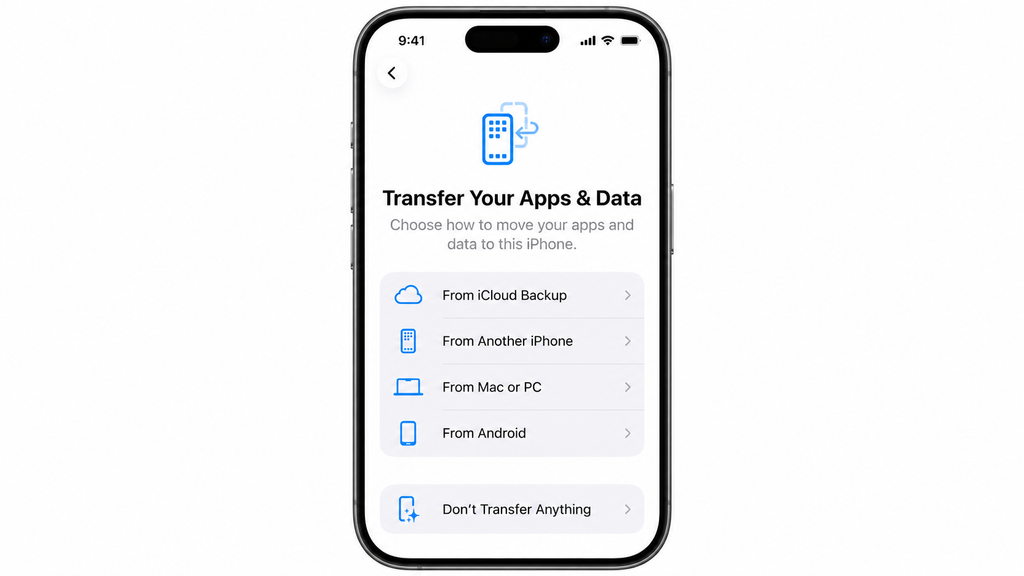 Choosing how to transfer apps and data during iPhone setup.
