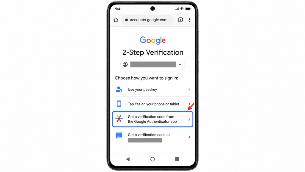 Choosing the Google Authenticator app-generated code option during sign-in.