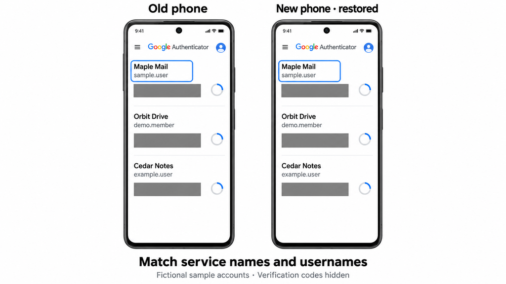 Comparing restored Authenticator service names and usernames with the old phone.