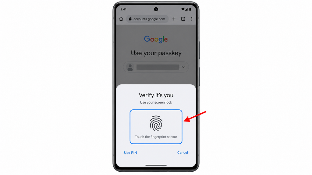 Completing the phone’s fingerprint verification to sign in with a Google passkey.