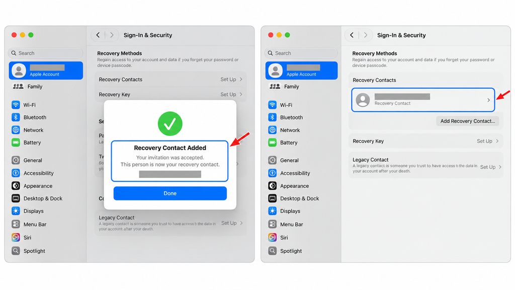 Confirming invitation acceptance and checking that a recovery contact has been added on Mac.