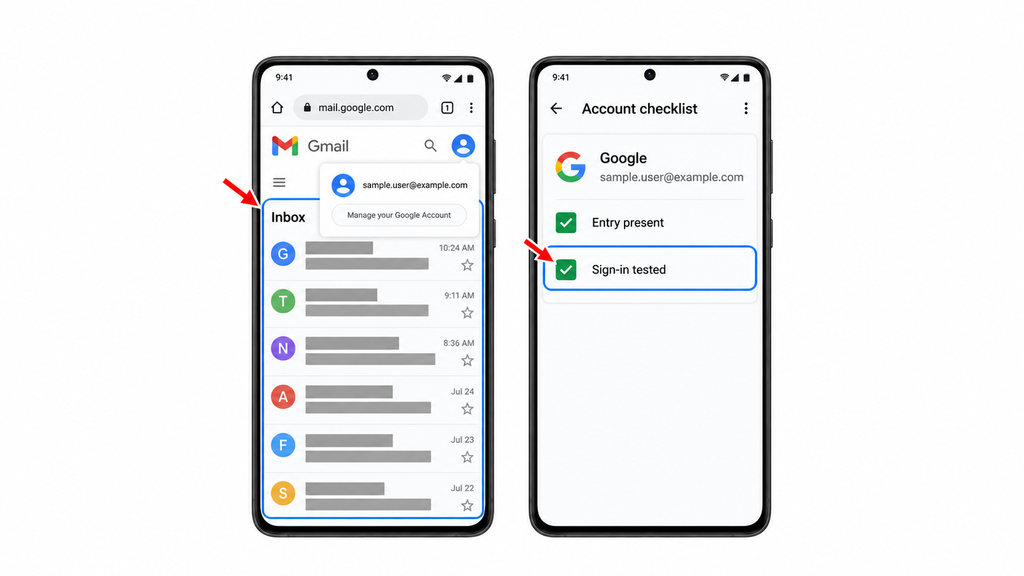 Confirming the account opens and marking its sign-in as tested.