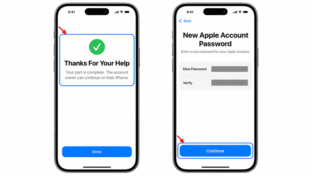 Confirming the recovery contact’s help is complete and continuing recovery on the account owner’s iPhone.