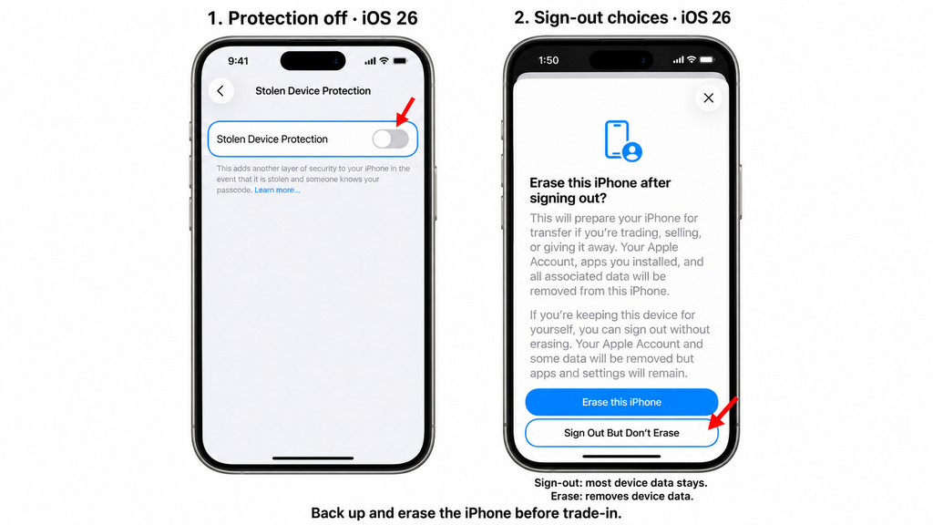 Confirming theft protection is off before preparing an iPhone for trade-in.