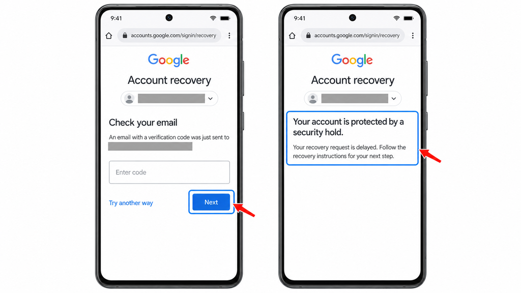 Continuing Google Account recovery when additional verification or a security hold is required.