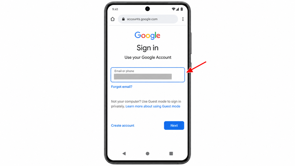 Entering a Google email address on a phone where a Google passkey is available.