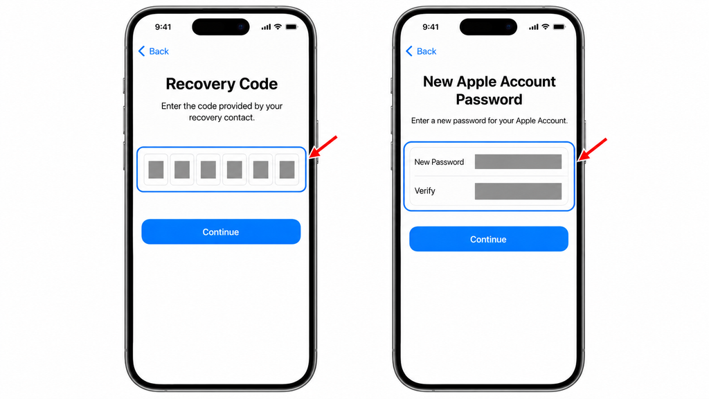 Entering a recovery contact code and resetting an Apple Account password.