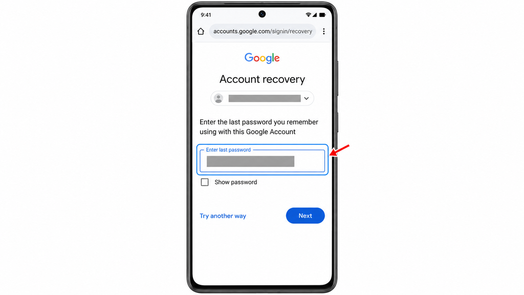 Entering the most recent remembered password during Google Account recovery, with the password hidden.