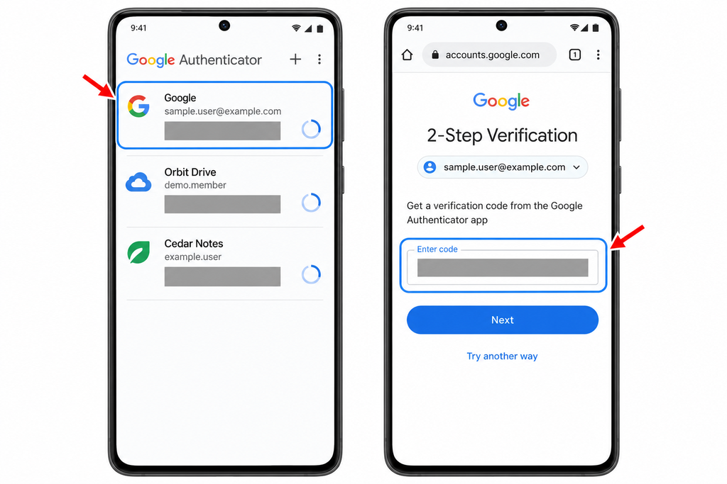 Entering the new phone’s Authenticator code for the matching service and username.
