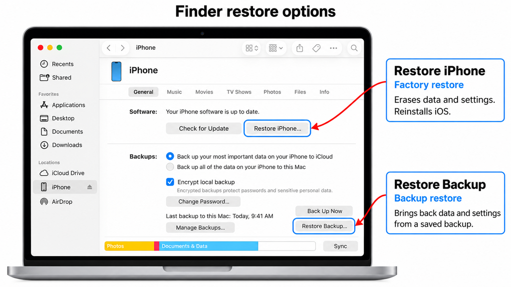 Factory restore and backup restore controls for an iPhone in Finder