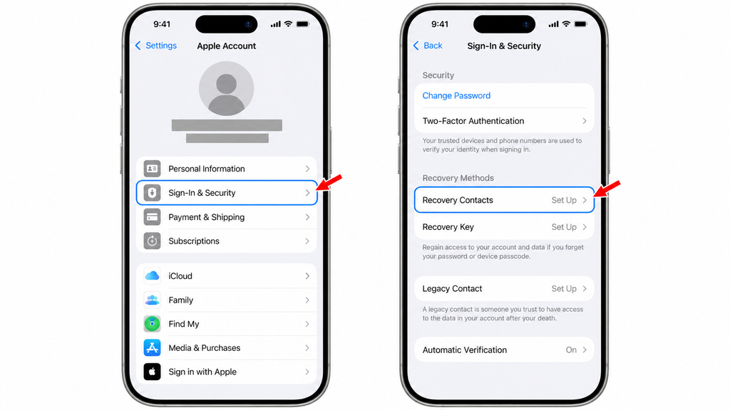 Finding Recovery Contacts under Sign-In & Security in iPhone settings.