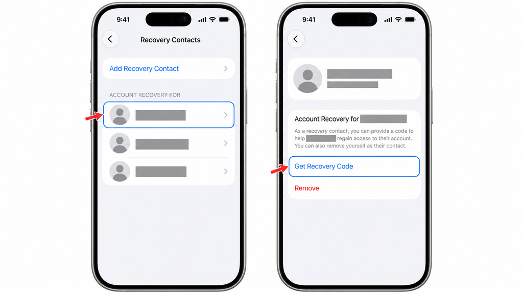 Generating a six-digit code as an Apple Account recovery contact.