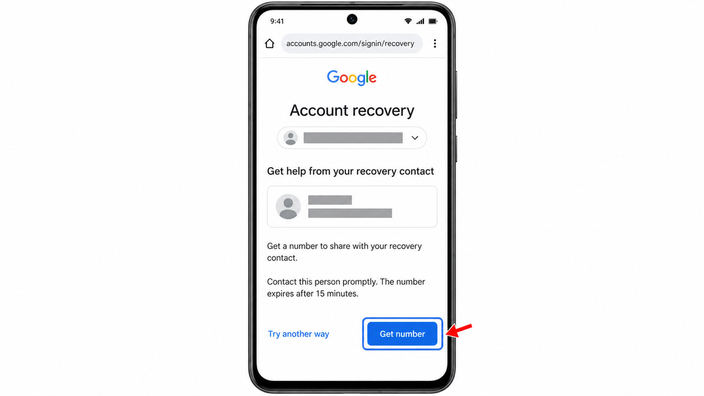 Get number highlighted during Google Account recovery, with a reminder that the number expires after 15 minutes.