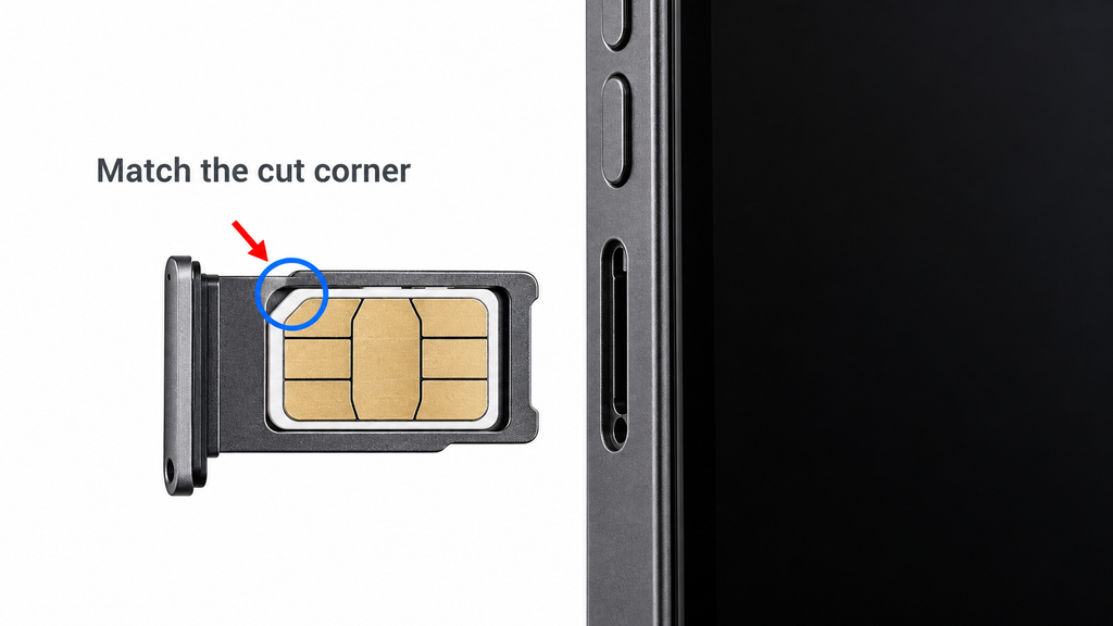 Inserting a physical SIM into an iPhone SIM tray.