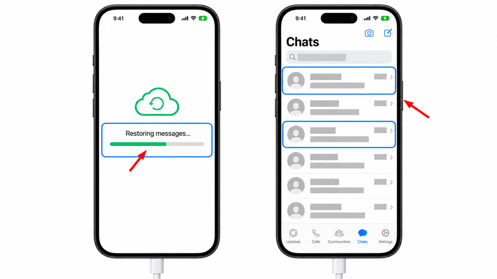 Keeping the iPhone charging during restoration and checking restored conversations.