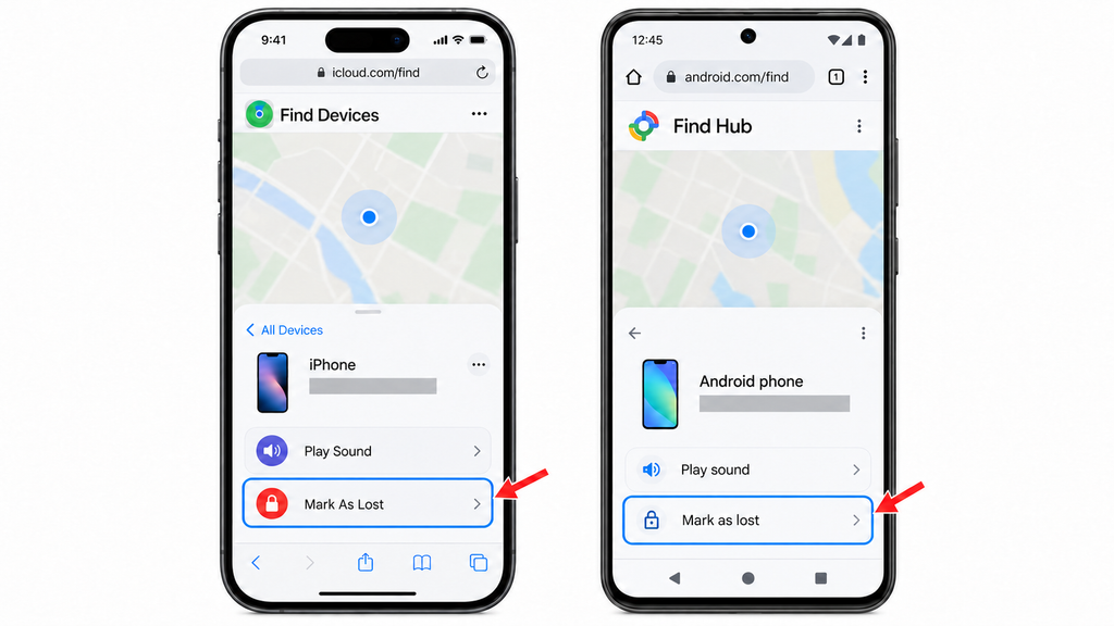 Mark as lost highlighted in Apple Find Devices and Google Find Hub, with personal details hidden.