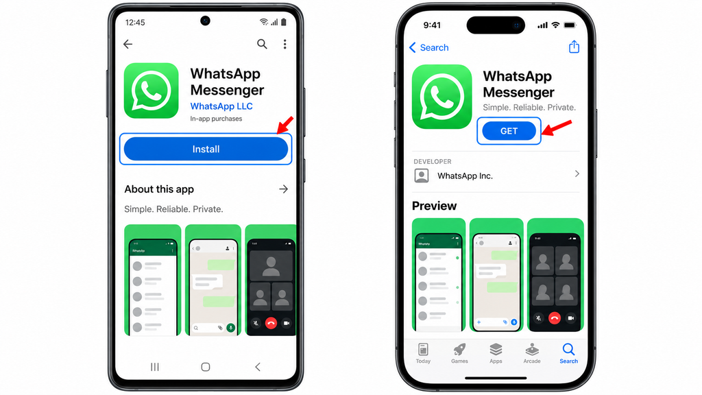 Official WhatsApp Messenger listings in Google Play and the App Store, with Install and Get highlighted.
