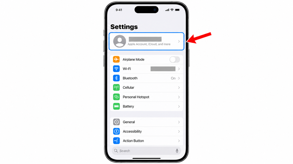 Opening Apple Account settings by tapping your profile at the top of iPhone Settings.