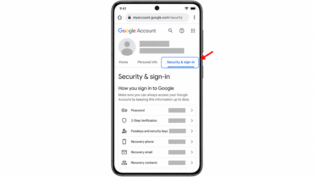 Opening Google Account security settings with Security & sign-in selected and personal details hidden.