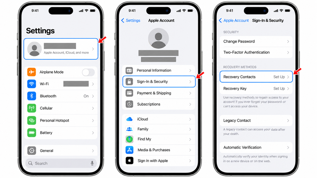 Opening Recovery Contacts through Settings, your Apple Account, and Sign-In & Security on iPhone.