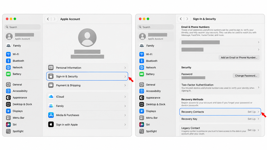 Opening Recovery Contacts under Sign-In & Security in Mac System Settings.