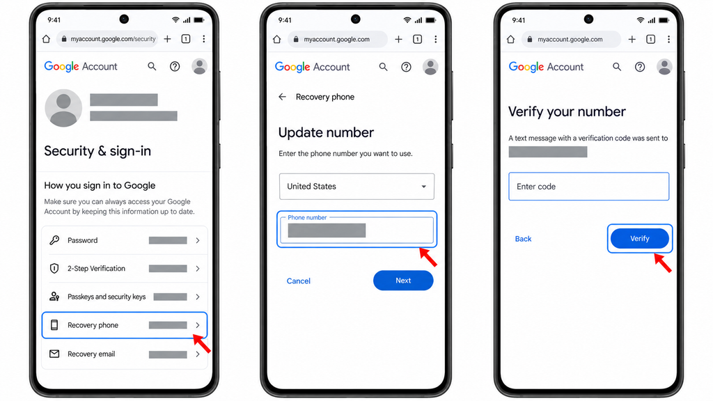 Opening Recovery phone, entering a replacement number, and verifying it in Google Account settings, with personal details hidden.
